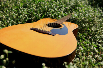 An acoustic guitar nestled in a small flowerbed of summer in the warm sunshine of the quiet and peaceful countryside. - obrazy, fototapety, plakaty