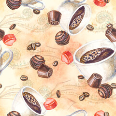 Seamless pattern with coffee cups and chocolate candies painted with watercolor