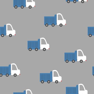 A simple pattern of cars. cute blue trucks on a gray background. Fashionable print for children's textiles, wallpaper and packaging.