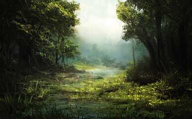 Fantastic Epic Magical Forest Landscape. Summer beautiful mystic nature. Gaming assets. Celtic Medieval RPG background. Rocks and green trees. Rivers and streams. Sky with clouds. Book cover, poster