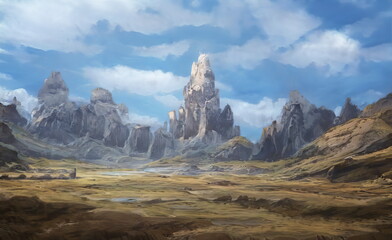 Naklejka na ściany i meble Fantastic Epic Magical Landscape of Mountains. Summer nature. Mystic Valley, tundra. Gaming assets. Celtic Medieval RPG background. Rocks and canyon. Beautiful sky with clouds. Book cover, poster