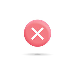 Vector red 3d cross mark round symbol icon. Cute 3d realistic render illustration. Wrong, deny, close, not accepted , rejected, no, cancel sing button.