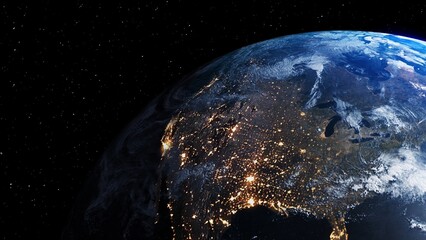 Planet earth with realistic geography surface and orbital 3D cloud atmosphere . Outer space view of world globe sphere of continents . 3D rendering graphic . Elements of this image furnished by NASA . © InfiniteFlow