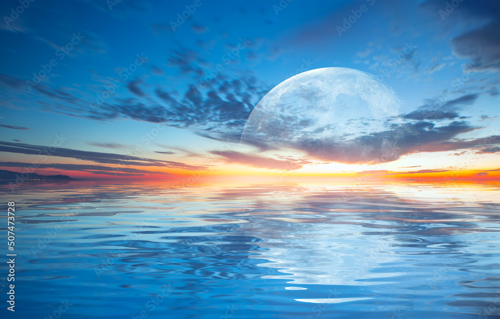Poster full moon over the sea at sunset 