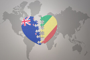 puzzle heart with the national flag of new zealand and republic of the congo on a world map background. Concept.
