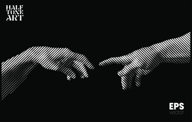 Halftone Art. Vector illustration of hands reaching out for touch in black and white slanted line halftone vintage style design. - obrazy, fototapety, plakaty
