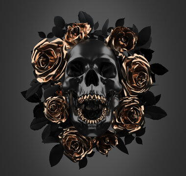 Concept illustration 3D rendering of scary dark skull with golden teeth surrounded by a golden roses wreath with dark black leaves isolated on grey background.