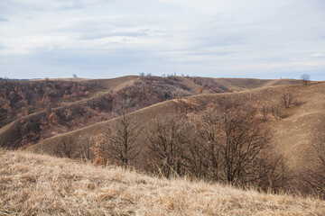 The Scenery of a Rural Area. Countryside Nature Landscape. Hills and Fields, Pasture Area, Early Spring Seasons. Cloudy Day. Dry Grassy Vegetation. Desert-like Relief.	