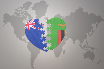 puzzle heart with the national flag of new zealand and zambia on a world map background. Concept.