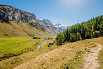 Hiking trails in the Fex Valley (Switzerland) offer gorgeous views when walking from the entrance outside Sils Maria towards Fex Glacier at the end. It's located at an height of 1,800 to 2,000 metres