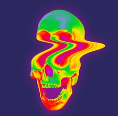 Digital illustration from 3d rendering of pixel stretched glitch deformed screaming skull in synthwave psychedelic vibrant colors style isolated on dark blue background.