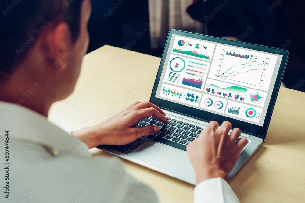 Poster business data dashboard analysis by ingenious computer software . investment application display bus
