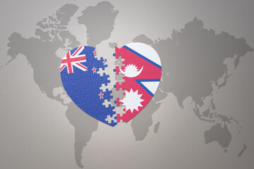 puzzle heart with the national flag of new zealand and nepal on a world map background. Concept.