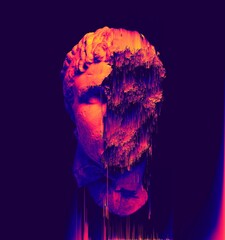 Glitch pixel sorting orange and blue color vaporwave style illustration of glitched damaged classical sculpture head from 3D rendering isolated on background.