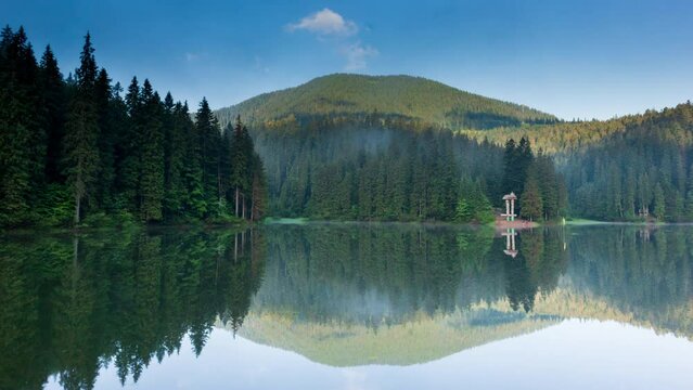 Beautiful nature and a wonderful landscape with lush green forests and vegetation around the pearl of the Carpathians - Lake Synevyr. Carpathians in Ukraine. Mystical fog over the great firs.