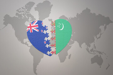 puzzle heart with the national flag of new zealand and turkmenistan on a world map background. Concept.