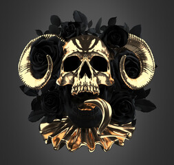 Concept illustration 3D rendering of scary dark skull with golden mask, goat horns, snake tongue and ruffle collar surrounded by a dark black roses wreath with leaves isolated on grey background.