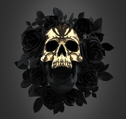 Concept illustration 3D rendering of scary screaming black skull with golden skull mask surrounded by a dark black roses wreath with leaves.