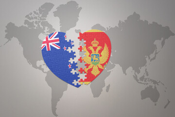 puzzle heart with the national flag of new zealand and montenegro on a world map background. Concept.