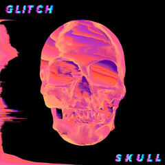 Glitch Skull. Pixel sorting glitch art corrupted graphics of colorful psychedelic front side skull from 3D rendering isolated on black background.