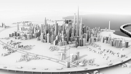 Obraz premium Panoramic view of beautiful modern city with skyscrapers, which locates on the lake. Suburb area, lots of motorways leading to the city, bridges, greens and traffic on the roads. 3D rendering 