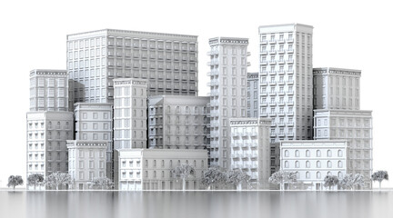 Beautiful city with periodic style buildings. 3D rendering illustration