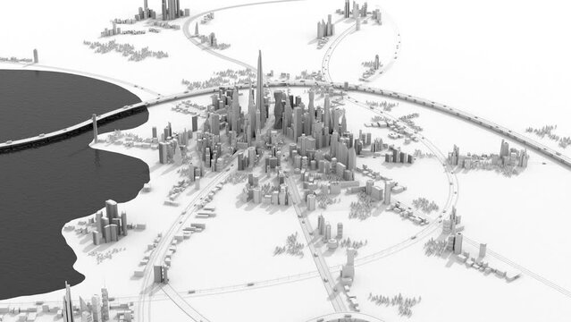 Camera fly through over modern beautiful city with skyscrapers. Roads, transport, suburbian areas with lake and parks. Modern city environment, developer project, city 3d model, architectural vision 