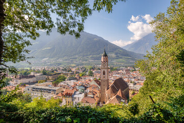 Tappeiner Promenade, a trail in Merano (Souty Tyrol, Italy) offers Alpine and Mediterranean vegitation and great views on the town and the Adige Valley. It was donated by doctor Franz Tappeiner. - obrazy, fototapety, plakaty
