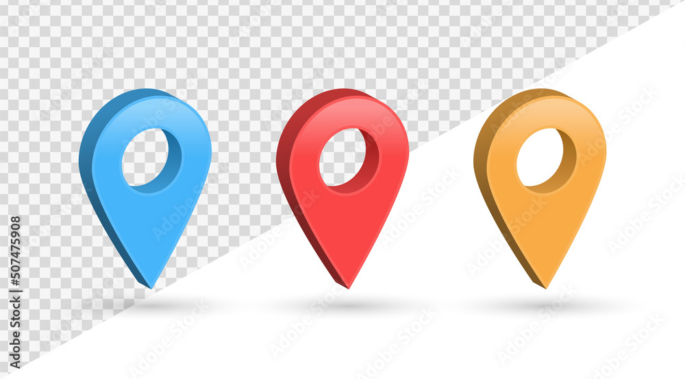 Aufkleber 3d location map pointer icon, place pin marker sign - isometric red gps map pointers in red frame, destination symbols in 3d. red, orange, blue, location, icon