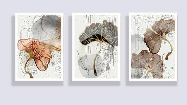 Trendy set of ginkgo biloba leaves and abstract forms. Minimal botanical wall art. Mid century modern graphic. Plant art design for elegant wall art , interior design, printing, invitation. Vector