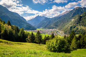 Fototapeta na wymiar Pfunds is a pretty village in the westernmost section of the Inntal Valley. It is nestled in a quiet corner of Tirol at the point where three countries (Austria, Italy and Switzerland) meet