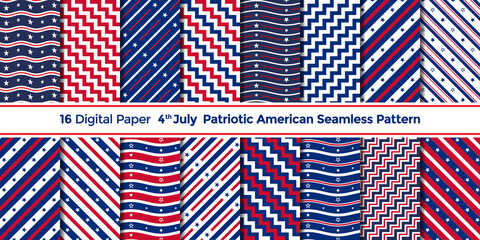 4th July seamless pattern. Patriotic paper textures. Happy independence day prints with Stripes, Stars, Waves and Zigzag. Set of USA flag vector geometric backgrounds.