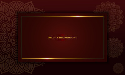 luxury background, gold color mandala ornament line design, isolated on dark red background, greeting card, wedding, invitation, islamic ramadan concept, banner cover background, etc, vector illustrat