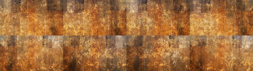 Arabesque old brown orange rusty vintage worn geometric shabby ornate ceramic mosaic cement tile...
