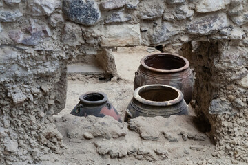 Archeological site on Santorini island: Excavated pottery in ancient Thera