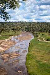 panoramic view of Tarangire National Park with a river and forest - Tanzania, Africa