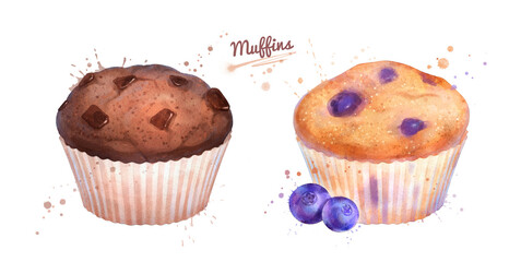 Watercolor illustrations of Muffins - obrazy, fototapety, plakaty