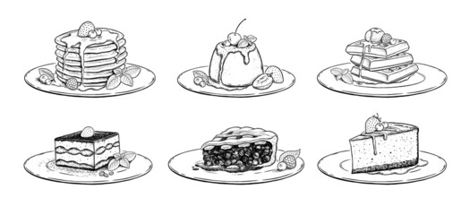 Sketch illustrations set of desserts and cakes - obrazy, fototapety, plakaty