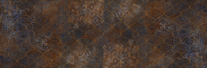 Arabesque old brown gray rusty vintage worn geometric shabby ornate mesh-mounted mosaic cement tile...