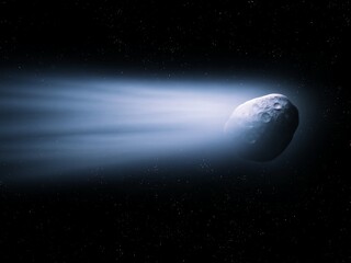 A large comet with a shining tail of gas and dust. Comet nucleus surface with craters. Large cosmic body. © Nazarii