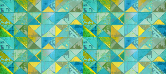 Abstract green yellow turquoise colorful triangular cement stone mosaic tiles, tile mirror or...