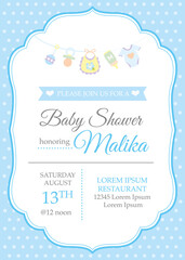 Classic baby boy shower invitation template with baby toys - obrazy, fototapety, plakaty