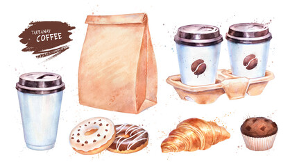 Watercolor set of takeaway Coffee and food