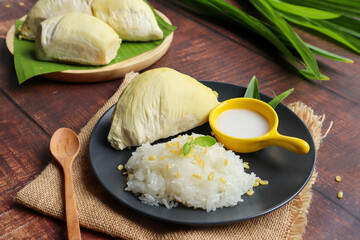 Durian sticky rice topped with mung bean and coconut milk - Thai dessert , seasonal tropical fruit 