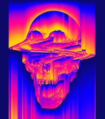  Digital glitched abstract skull in pixel sorting effect and colorful psychedelic colors in the style of corrupted graphics of CRT TVs and VHS. © Rrose Selavy