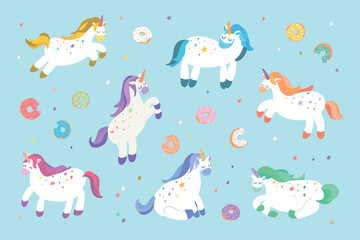 Unicorns with donuts vector illustrations set