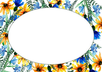 Summer card of wild flowers blue cornflowers, yellow daisies. Floral oval frame with place for text. Hand drawn watercolor on white background for greeting cards, poster, Easter, Mother's Day.