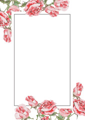 Bouquet with delicate pink rose flowers. Floral rectangular frame. Hand drawn watercolor floral decor on white background for wedding invitation, card, print, poster, banner, packaging, label.