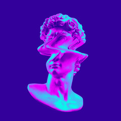 Glitch art psychedelic colors illustration concept from 3D rendering of corrupted graphics in vintage CRT TV style glitch deformed classical head marble sculpture on colorful background.