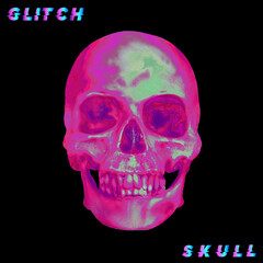 Glitch Skull. Pixel sorting glitch art corrupted graphics of colorful psychedelic front side skull from 3D rendering isolated on black background.
